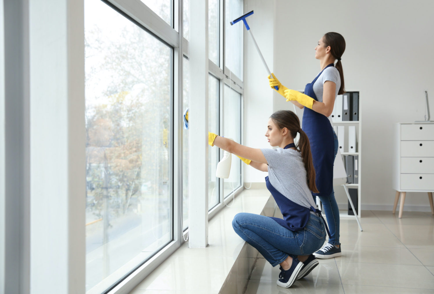 Commercial janitors washing window in office
